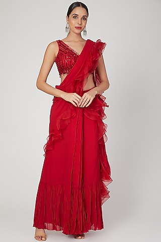 Red Embellished Pre-Stitched Saree Set by Sanya Gulati