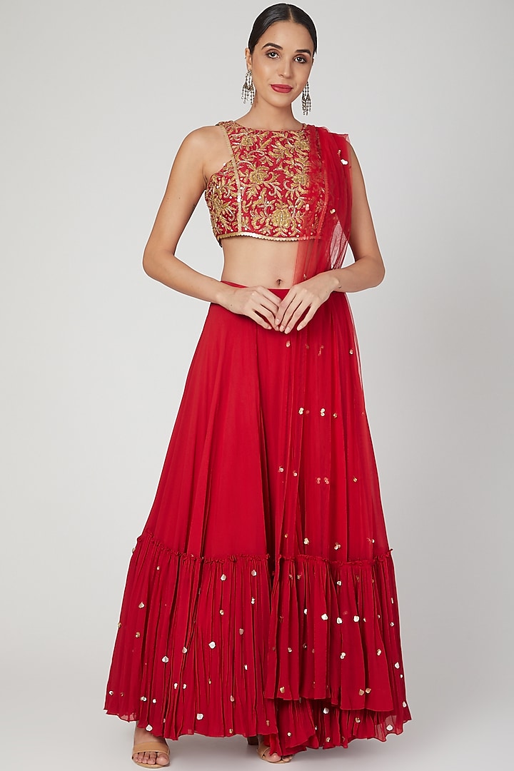 Red Embroidered Skirt Set by Sanya Gulati