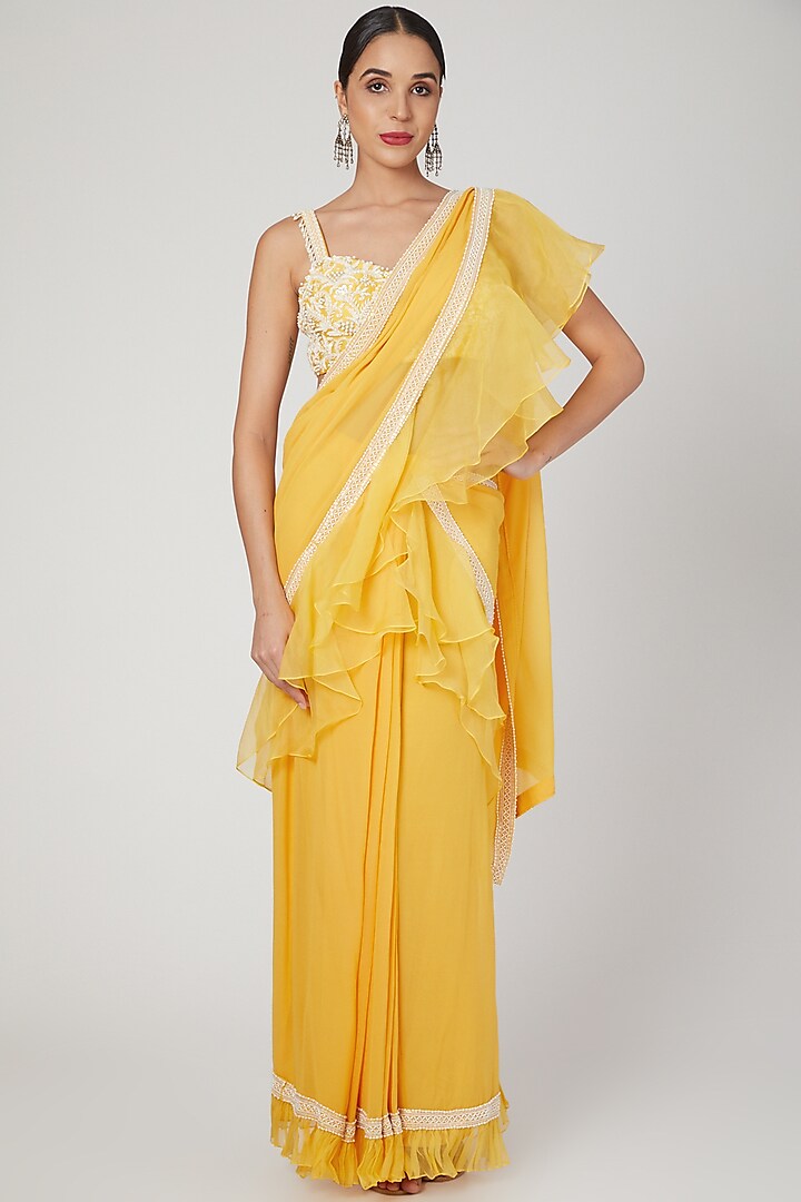 Yellow Embroidered Pre-Stitched Saree Set by Sanya Gulati