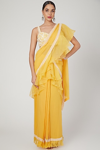 Yellow Embroidered Pre-Stitched Saree Set by Sanya Gulati