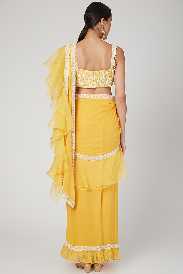 Yellow Embroidered Pre-Stitched Wedding Saree Set by Sanya Gulati at Pernia's Pop Up Shop