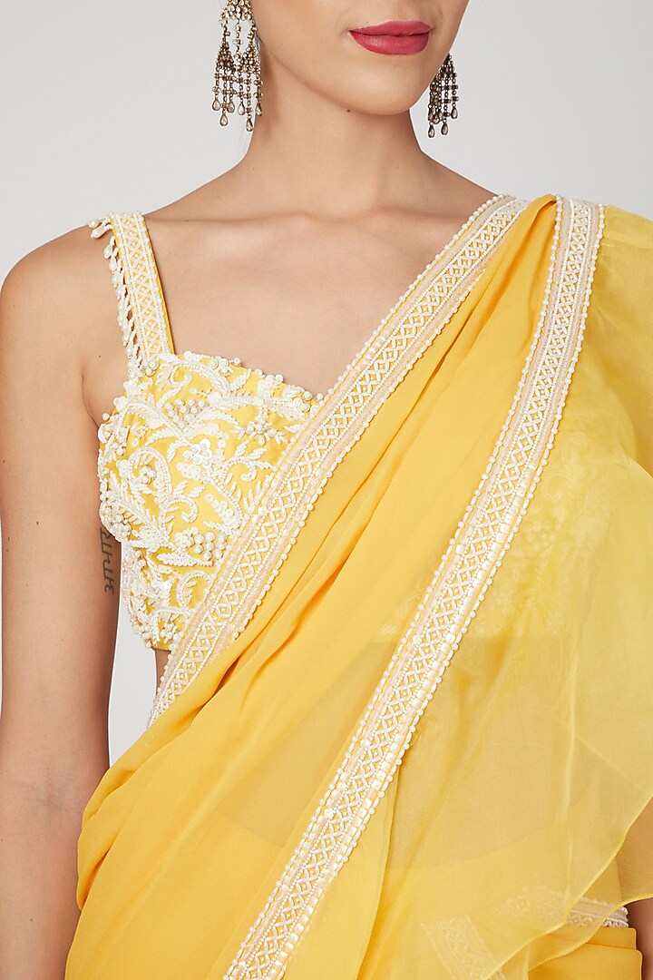 Yellow Embroidered Pre-Stitched Wedding Saree Set by Sanya Gulati at Pernia's Pop Up Shop