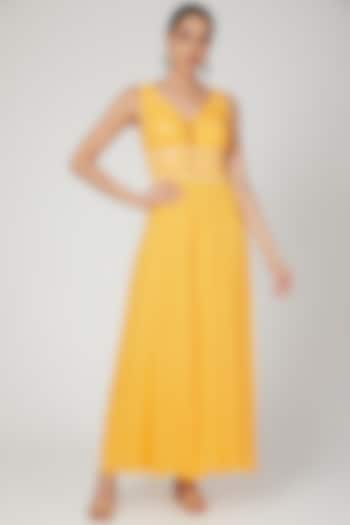 Yellow Embroidered Jumpsuit With Belt by Sanya Gulati