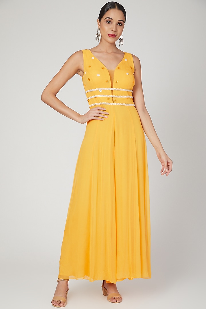 Yellow Embroidered Jumpsuit With Belt by Sanya Gulati