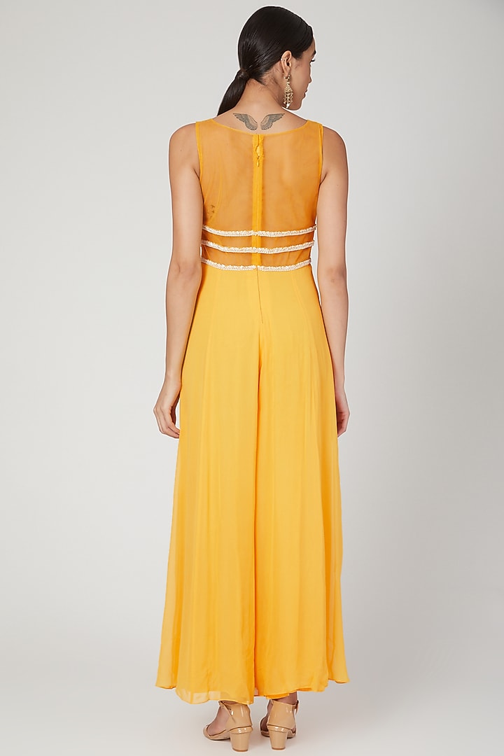 Yellow Embroidered Jumpsuit With Belt by Sanya Gulati at Pernia's Pop Up Shop