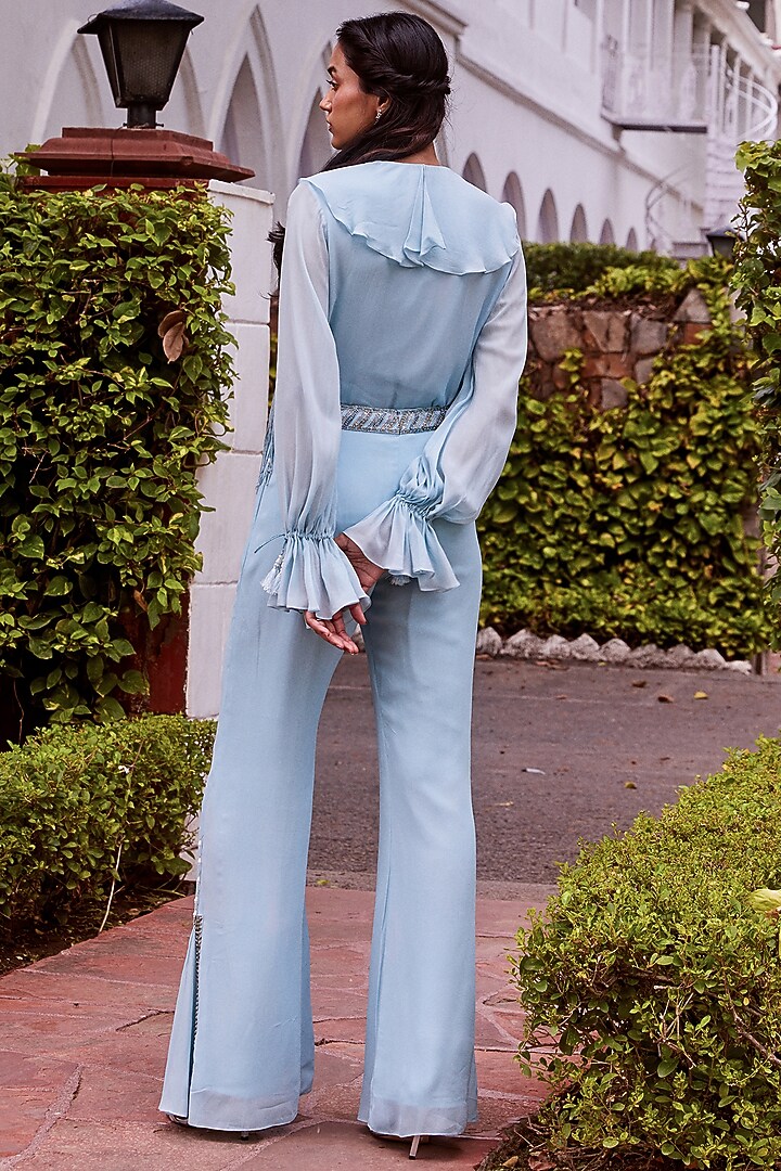 Ice Blue Embroidered Pants Set by Sanya Gulati at Pernia's Pop Up Shop