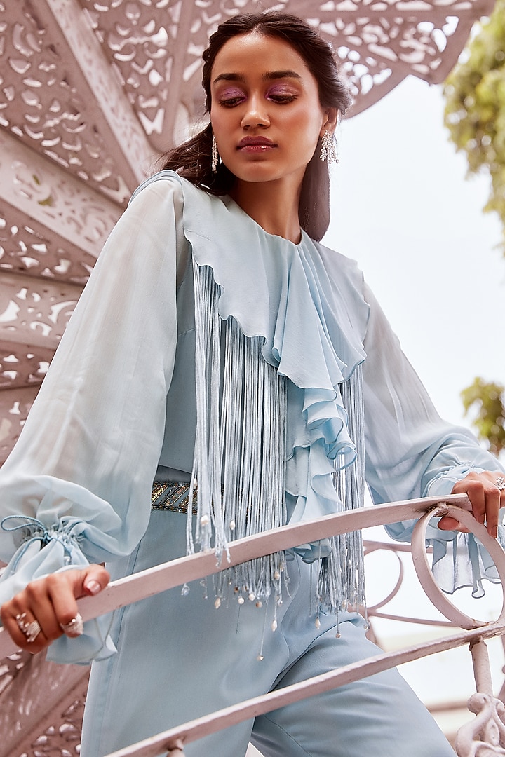 Ice Blue Embroidered Pants Set by Sanya Gulati at Pernia's Pop Up Shop