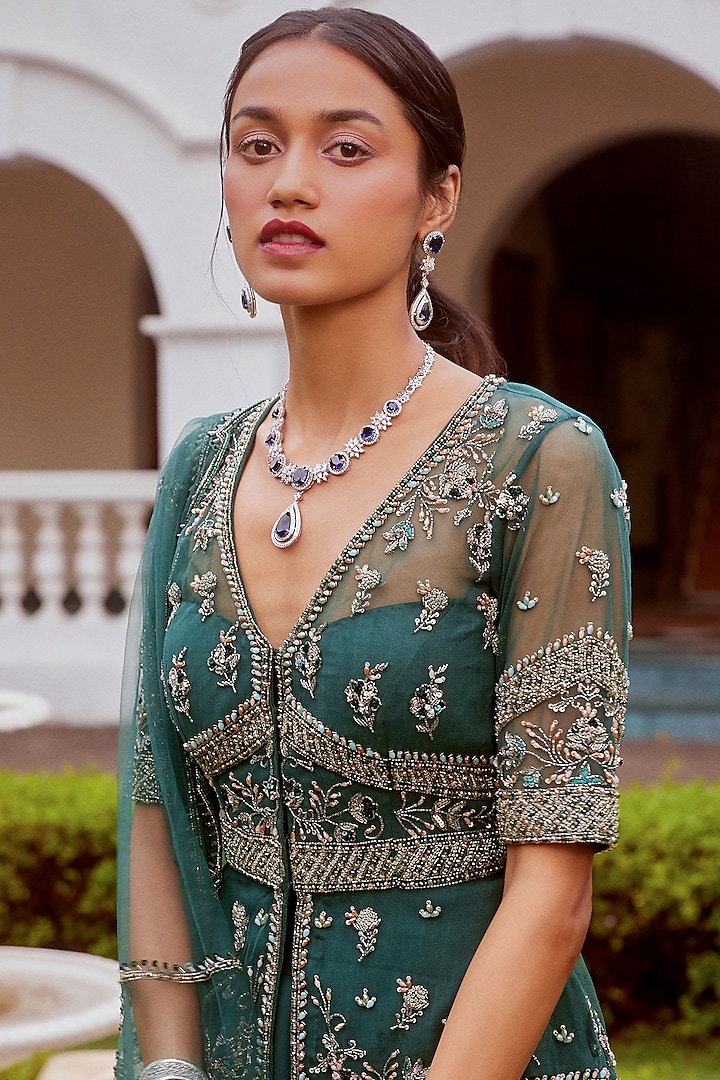 Teal Green Embroidered Wedding Lehenga Set by Sanya Gulati at Pernia's Pop Up Shop