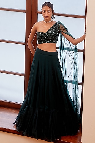 Teal Green Georgette & Net Lehenga Set  by Sanya Gulati