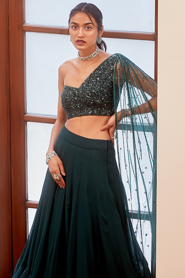 Teal Green Georgette & Net Wedding Lehenga Set by Sanya Gulati at Pernia's Pop Up Shop