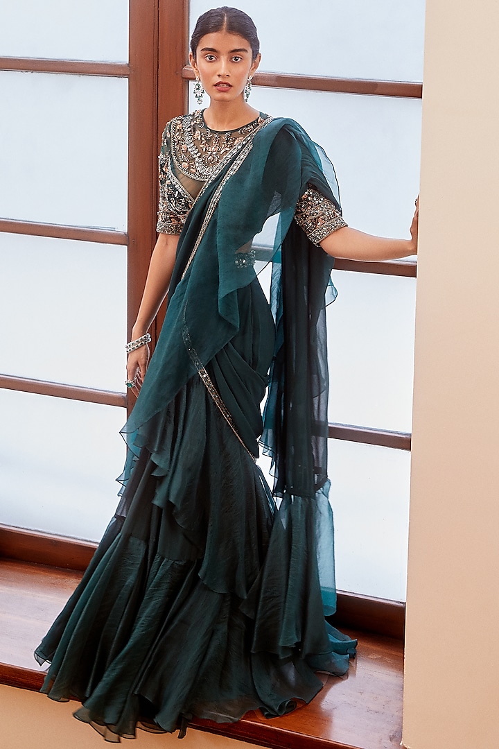 Teal Green Pre-Stitched Ruffled Saree Set  by Sanya Gulati