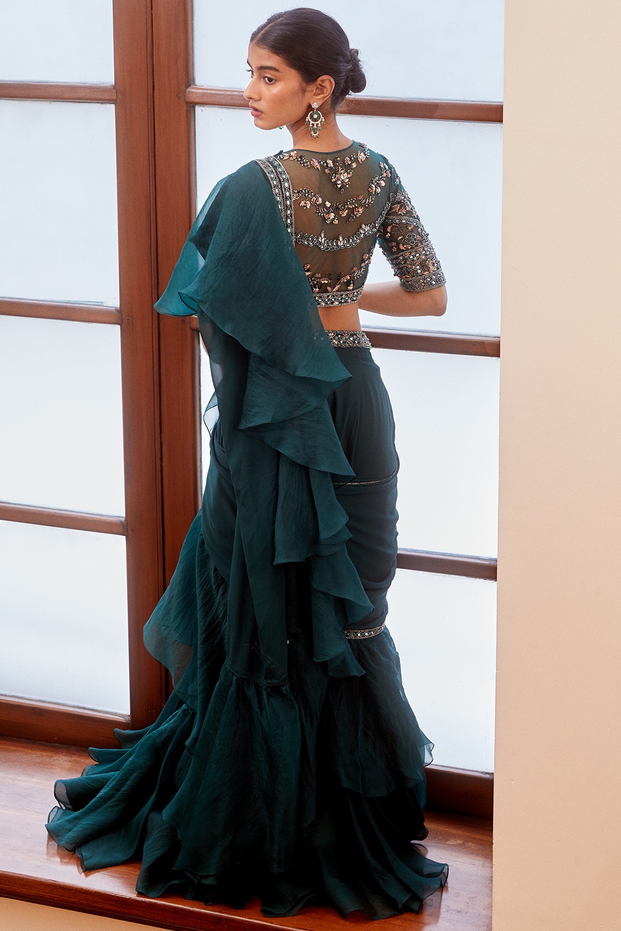 Teal Green Pre-Stitched Ruffled Saree Set Design by Sanya Gulati at  Pernia's Pop Up Shop 2024