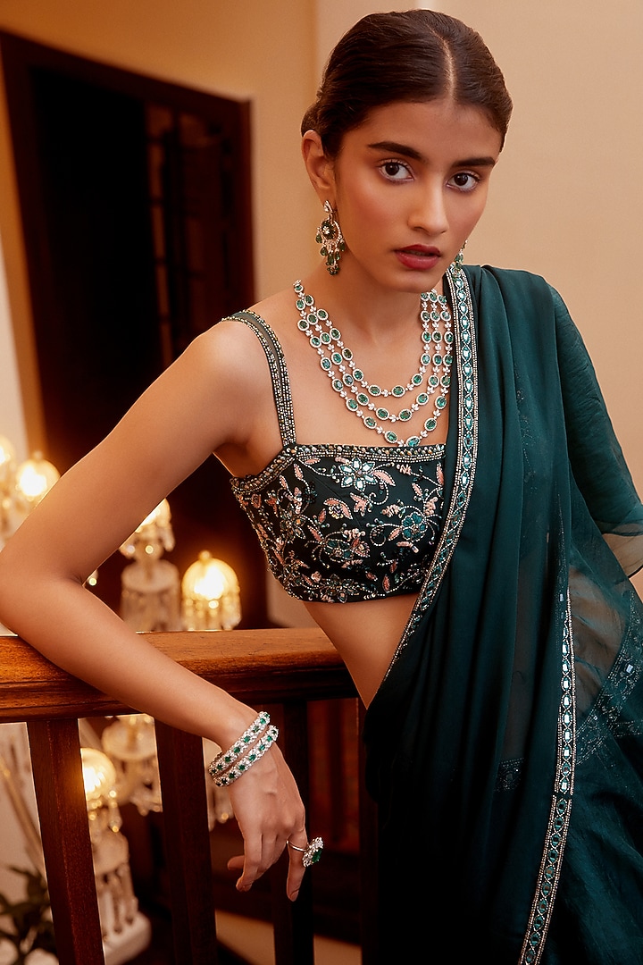 Teal Green Ruffled Wedding Saree Set by Sanya Gulati at Pernia's Pop Up Shop