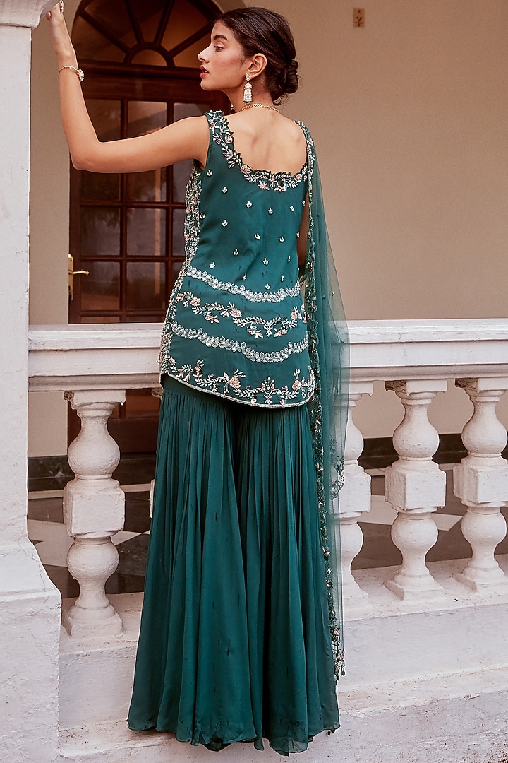 Teal Green Hand Embroidered Wedding Sharara Set by Sanya Gulati at Pernia's Pop Up Shop