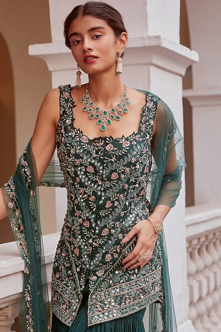 Teal Green Hand Embroidered Wedding Sharara Set by Sanya Gulati at Pernia's Pop Up Shop