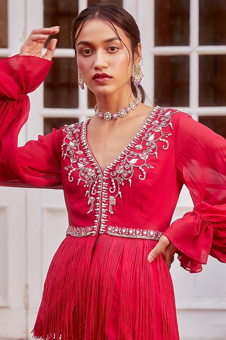 Cherry Red Hand Embroidered Palazzo Pant Set by Sanya Gulati at Pernia's Pop Up Shop