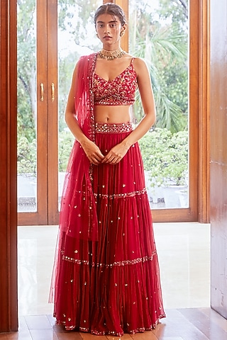 Fuchsia Hand Embroidered Tiered Lehenga Set by Sanya Gulati