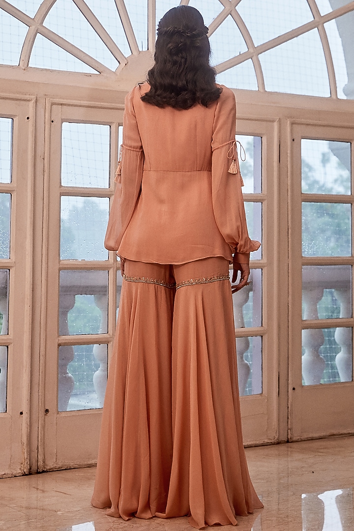 Rose Gold Hand Embroidered Bias Pant Set by Sanya Gulati at Pernia's Pop Up Shop