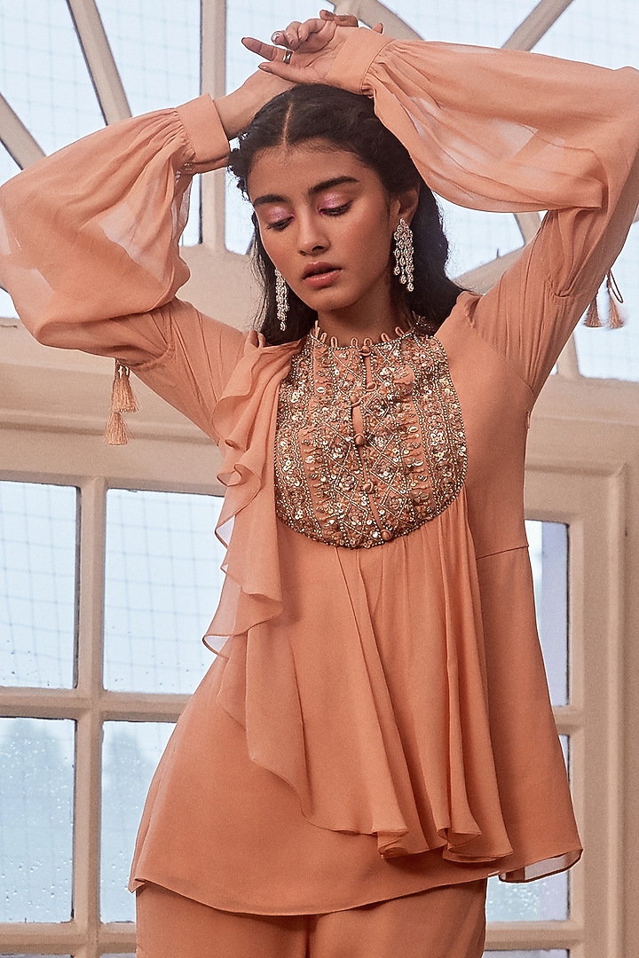 Rose Gold Hand Embroidered Bias Pant Set by Sanya Gulati at Pernia's Pop Up Shop