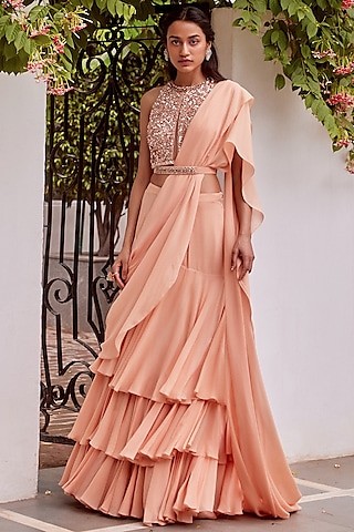 Rose Gold Georgette & Net Ruffled Pre-Stiched Draped Saree Set by Sanya Gulati