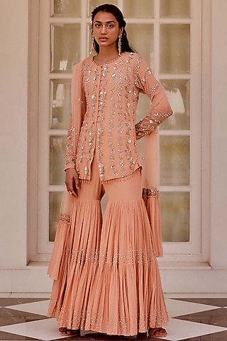 Rose Gold Hand Embroidered Sharara Set by Sanya Gulati