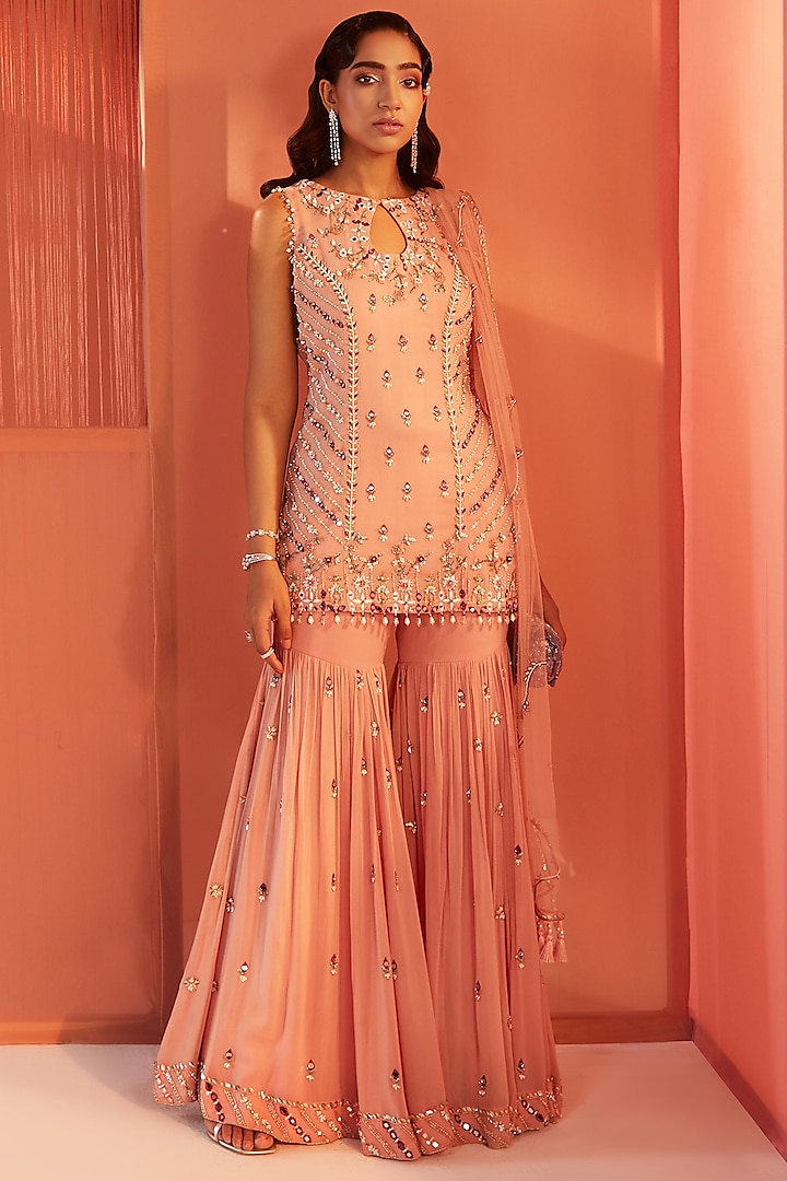 Dusty Pink Georgette Sharara Set by Sanya Gulati