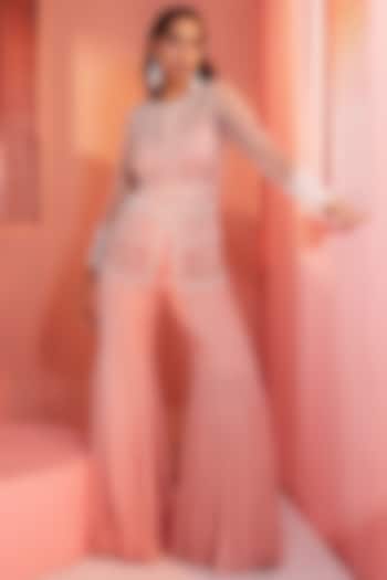 Dusty Pink Georgette Bell Bottom Pant Set by Sanya Gulati