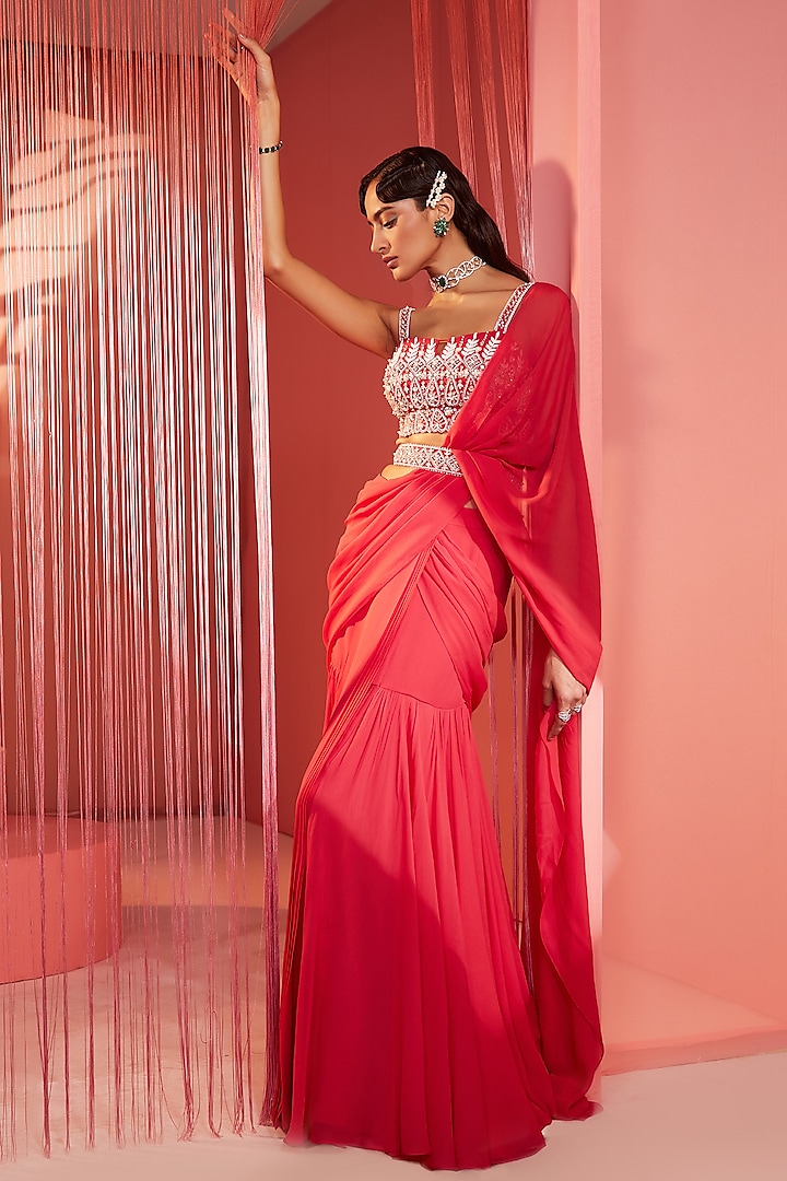 Coral Red Georgette Pre-Stitched Saree Set by Sanya Gulati