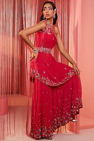 Coral Red Georgette Sharara Set by Sanya Gulati