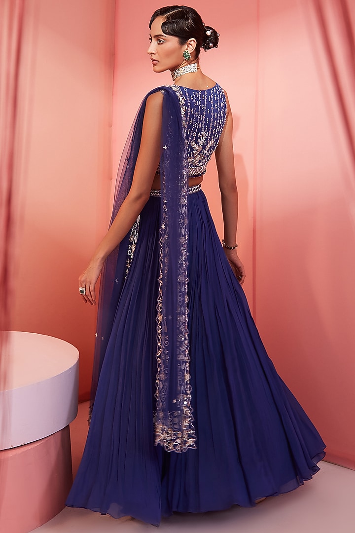 Ink Blue Georgette Wedding Lehenga Set by Sanya Gulati at Pernia's Pop Up Shop