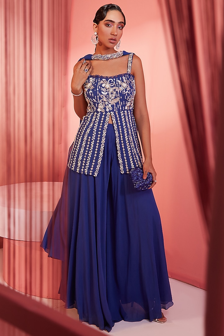 Electric Blue Georgette Circular Palazzo Pant Set by Sanya Gulati at Pernia's Pop Up Shop