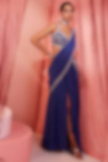 Ink Blue Georgette Pre-Draped Wedding Saree Set by Sanya Gulati at Pernia's Pop Up Shop