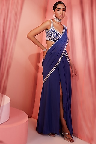 Ink Blue Georgette Pre-Draped Saree Set by Sanya Gulati