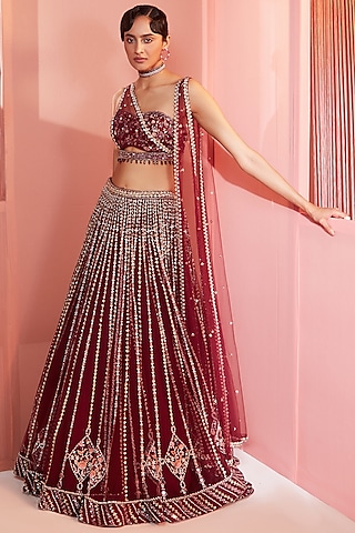 Plum Embroidered Lehenga Set by Sanya Gulati