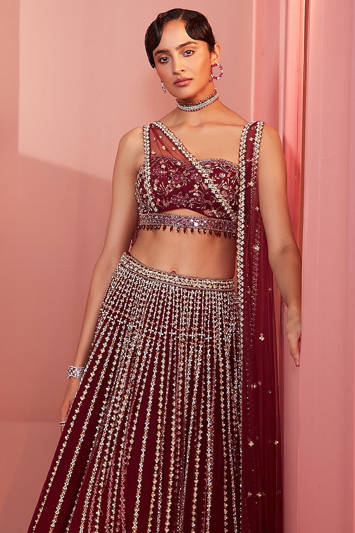 Plum Embroidered Bridal Lehenga Set by Sanya Gulati at Pernia's Pop Up Shop
