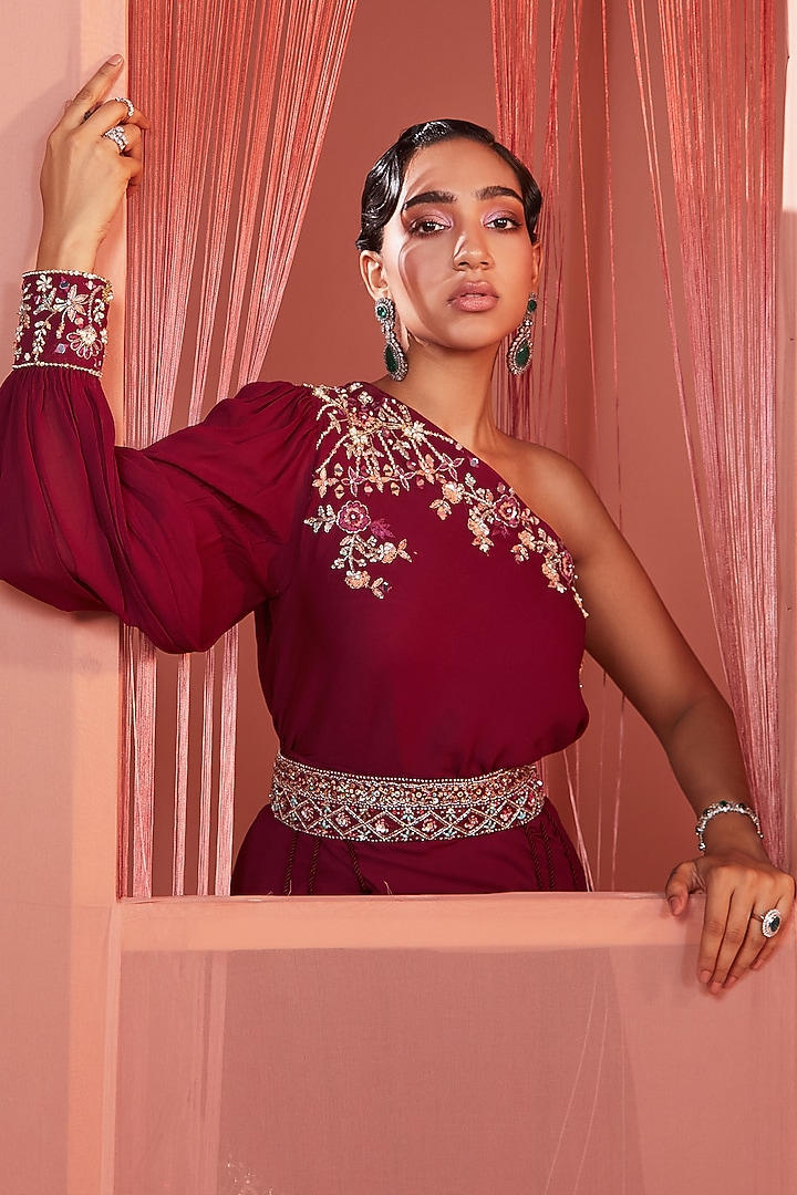 Plum Embroidered Wedding Sharara Set by Sanya Gulati at Pernia's Pop Up Shop
