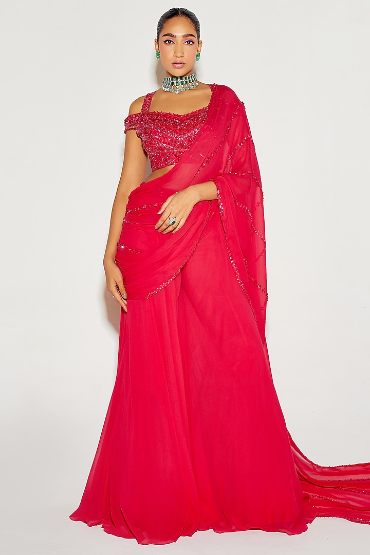 Hot Pink Georgette Hand Embroidered Sharara Wedding Saree Set by Sanya Gulati at Pernia's Pop Up Shop