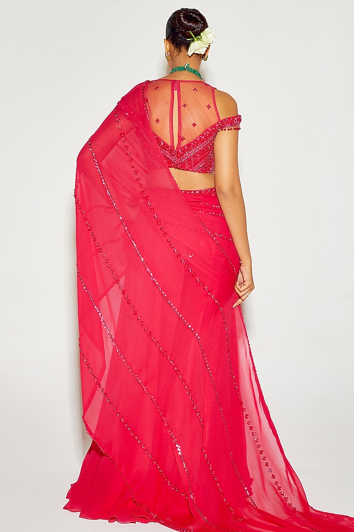 Hot Pink Georgette Hand Embroidered Sharara Wedding Saree Set by Sanya Gulati at Pernia's Pop Up Shop