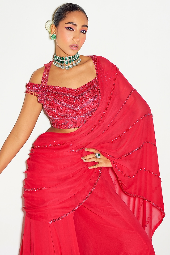 Hot Pink Georgette Hand Embroidered Sharara Wedding Saree Set by Sanya Gulati at Pernia's Pop Up Shop