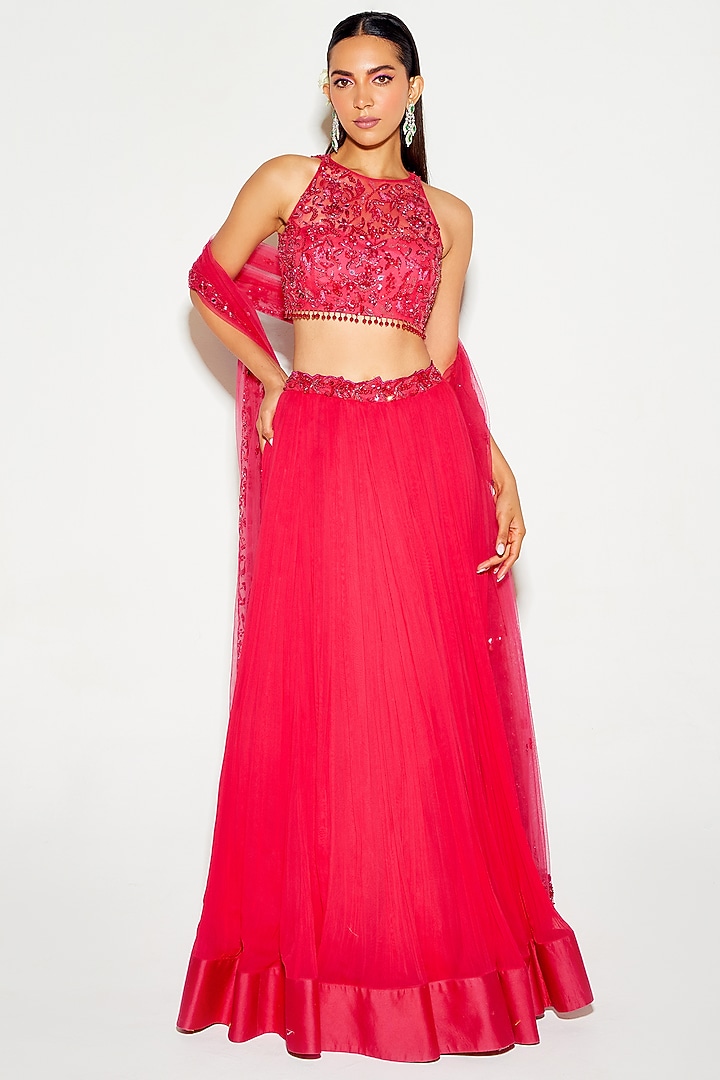 Hot Pink Georgette Hand Embroidered Wedding Lehenga Set by Sanya Gulati at Pernia's Pop Up Shop