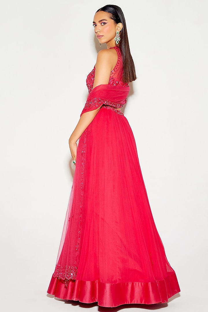 Hot Pink Georgette Hand Embroidered Wedding Lehenga Set by Sanya Gulati at Pernia's Pop Up Shop