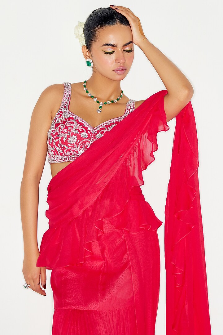 Hot Pink Georgette Pre-Draped Wedding Saree Set by Sanya Gulati at Pernia's Pop Up Shop