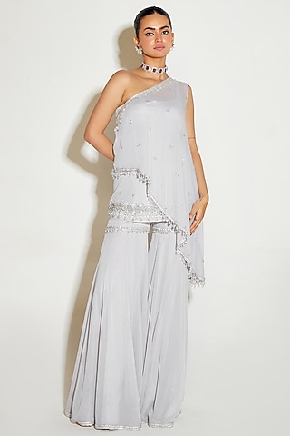 Grey Metallic Georgette Hand Embroidered One-Shoulder Cape Set by Sanya Gulati