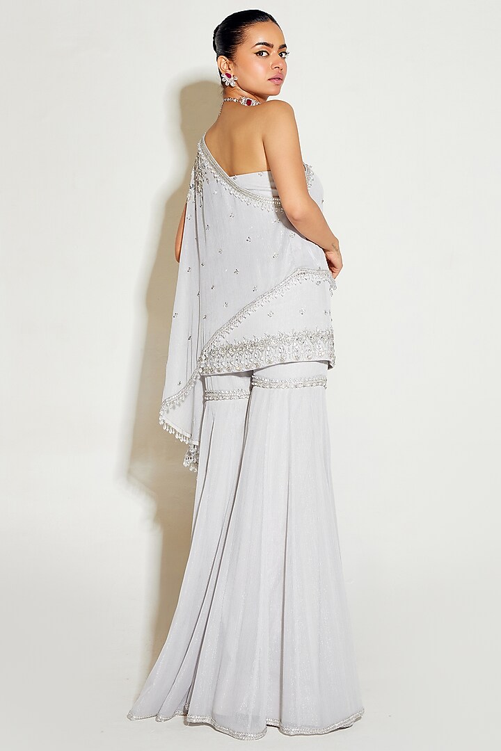 Grey Metallic Georgette Hand Embroidered One-Shoulder Cape Set by Sanya Gulati at Pernia's Pop Up Shop