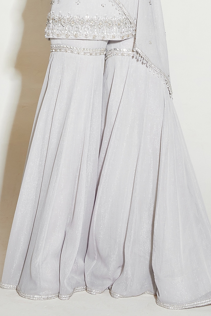 Grey Metallic Georgette Hand Embroidered One-Shoulder Cape Set by Sanya Gulati at Pernia's Pop Up Shop