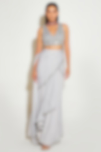 Grey Metallic Georgette Hand Embroidered Pre-Draped Slit Saree Set by Sanya Gulati at Pernia's Pop Up Shop