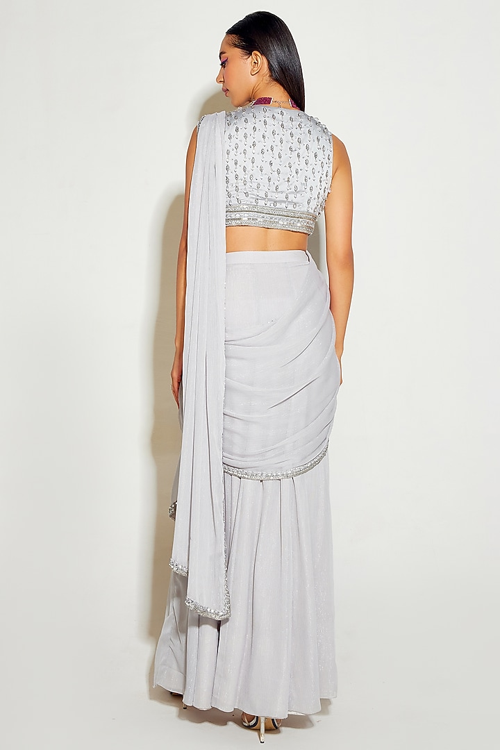 Grey Metallic Georgette Hand Embroidered Pre-Draped Slit Wedding Saree Set by Sanya Gulati at Pernia's Pop Up Shop