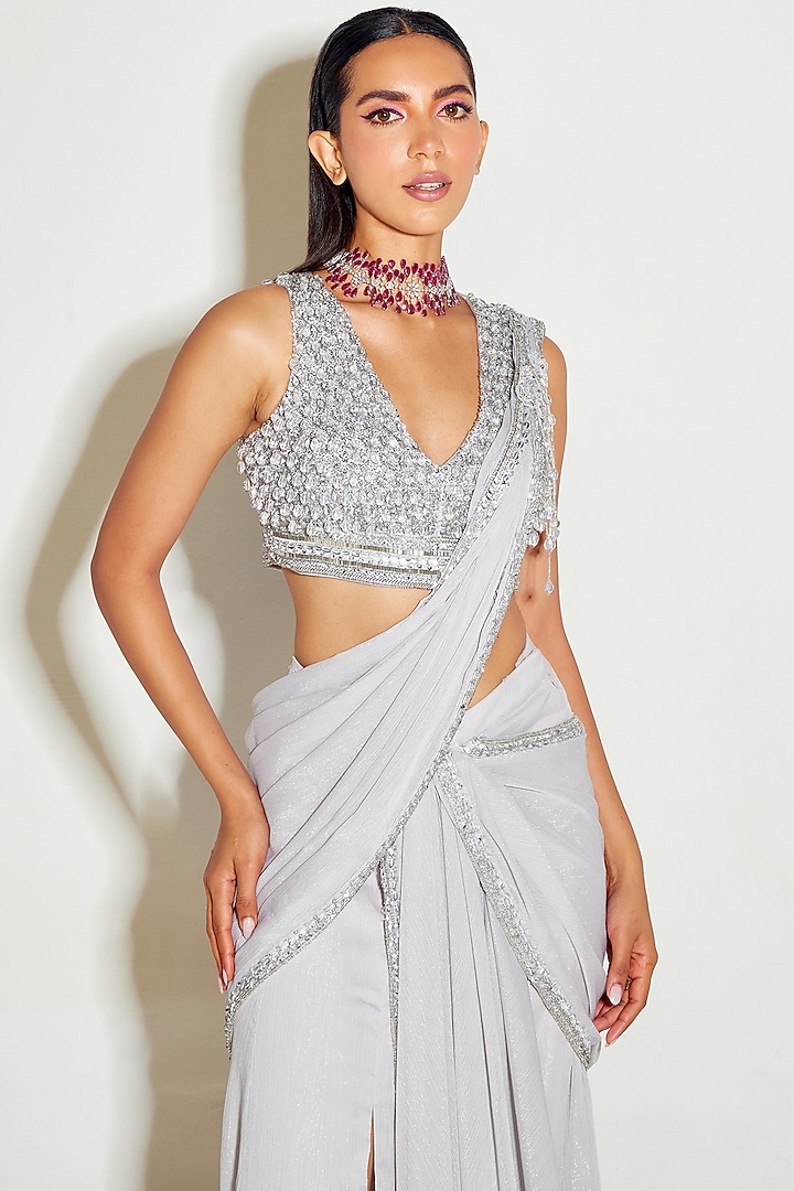 Grey Metallic Georgette Hand Embroidered Pre-Draped Slit Wedding Saree Set by Sanya Gulati at Pernia's Pop Up Shop
