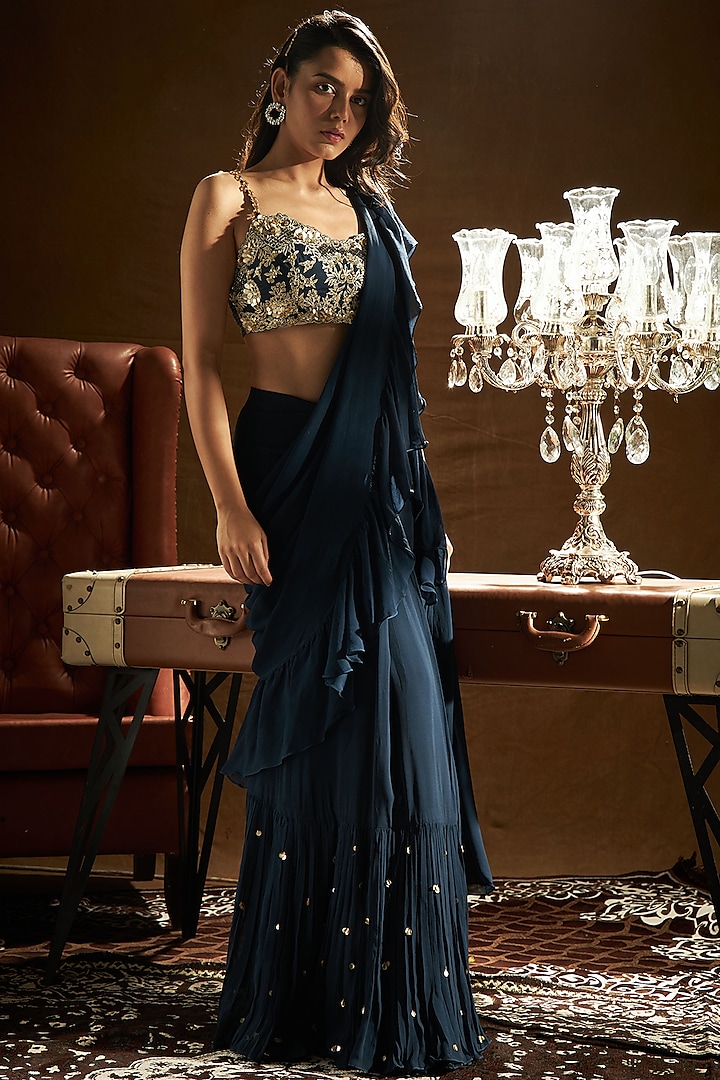 Midnight Blue Viscose Georgette Sequins Embroidered Ruffled Saree Set by Sanya Gulati