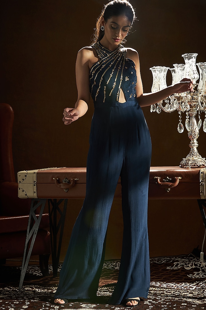 Blue Embroidered Crossover Jumpsuit by Sanya Gulati